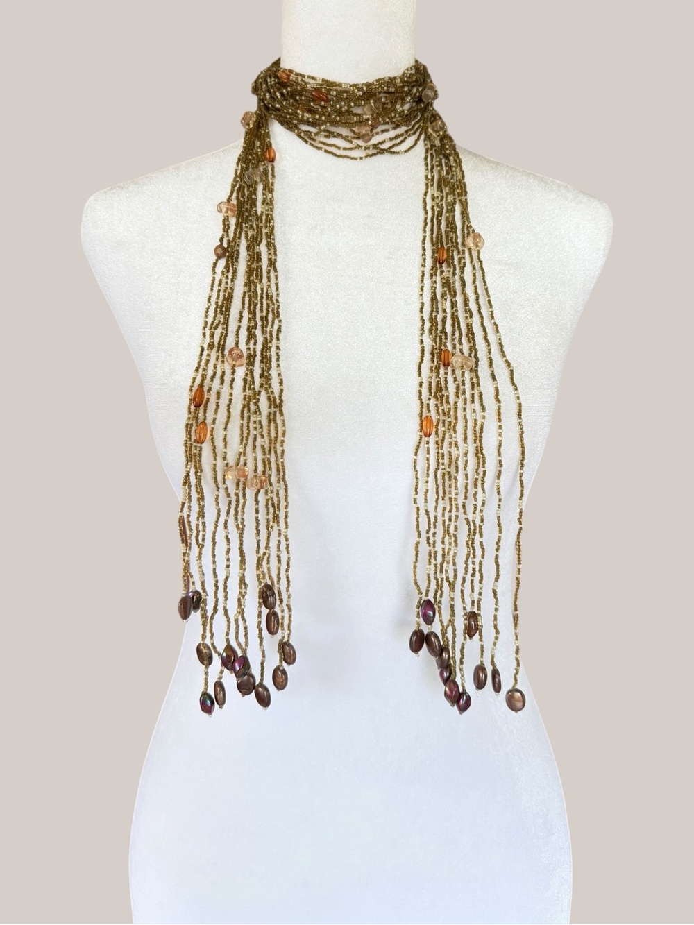 Y2K Thin Seed Bead Scarf Necklace Boho Festival Bali Beads Multi Strand - Picture 3 of 7